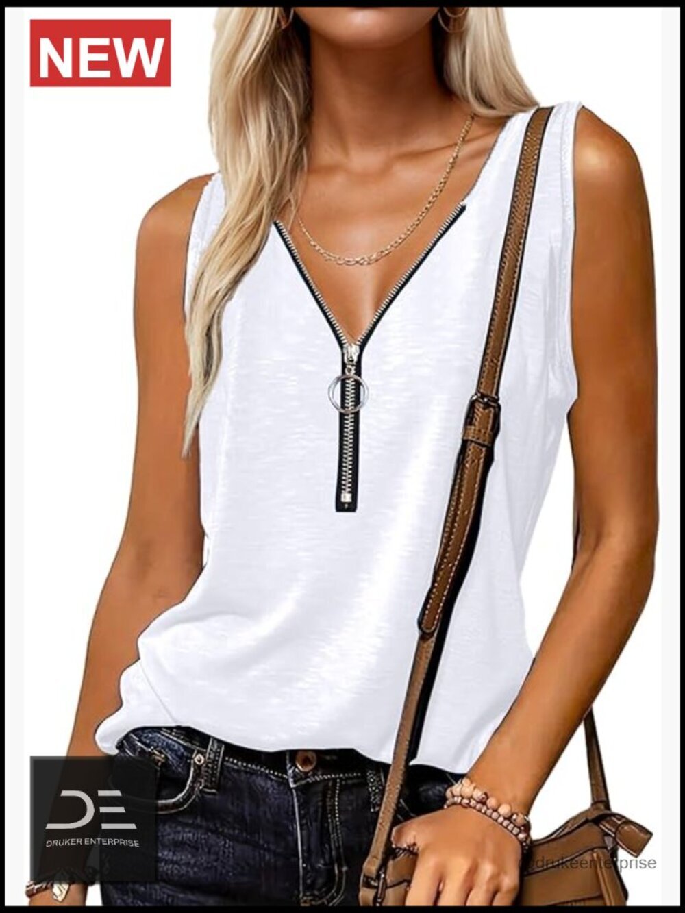 V Neck Half Zip Tank Top Sleeveless Loose Fit Summer Casual Blouse